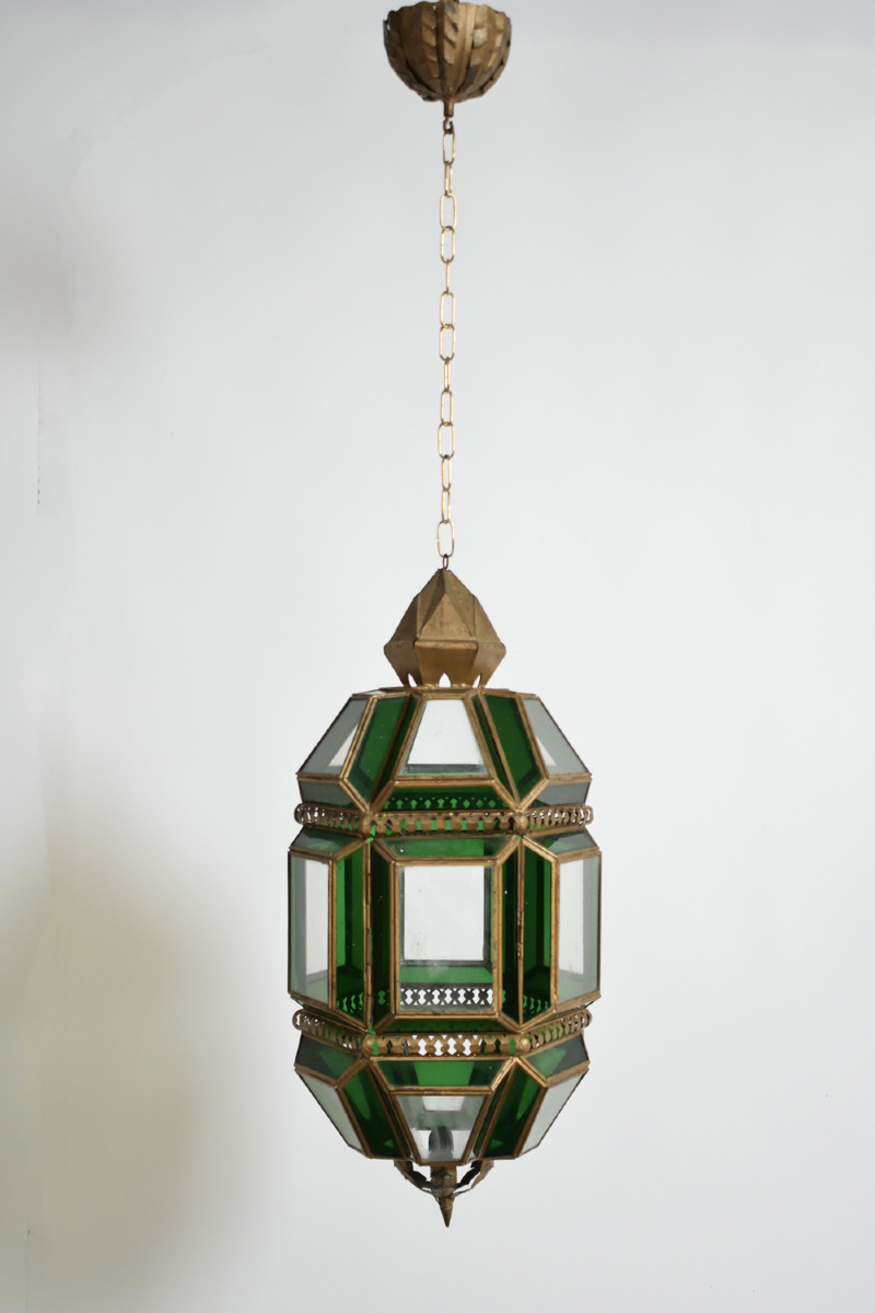 Brass And Green Glass Lantern Ceiling Lamp, 1970s
