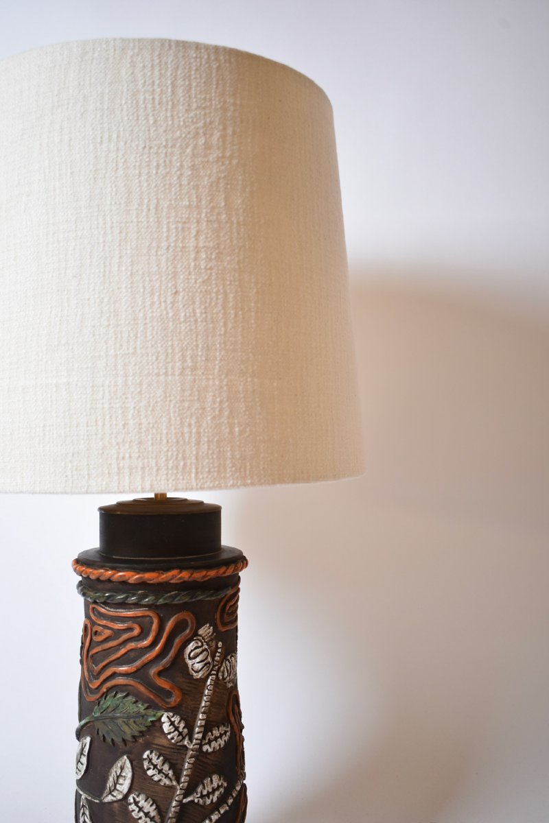 Cylindrical Foliage Pattern Ceramic Lamp, 1960s.-photo-2