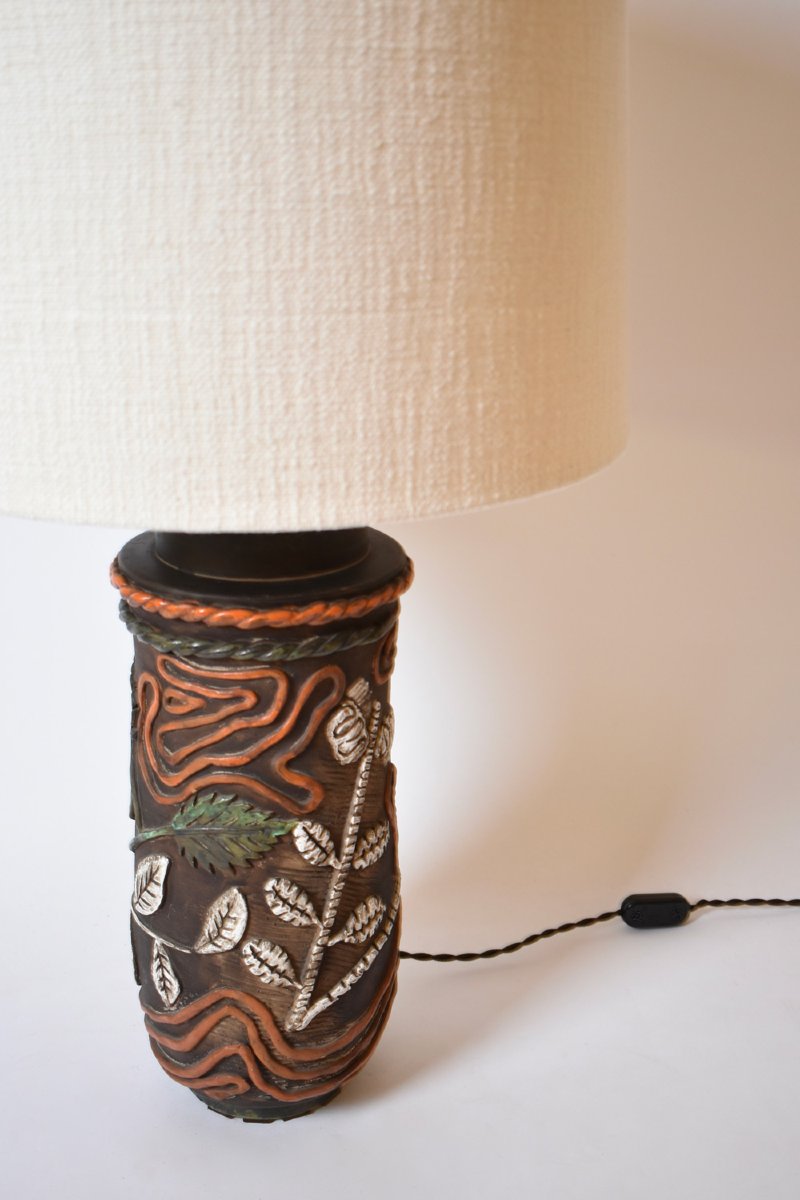 Cylindrical Foliage Pattern Ceramic Lamp, 1960s.-photo-3