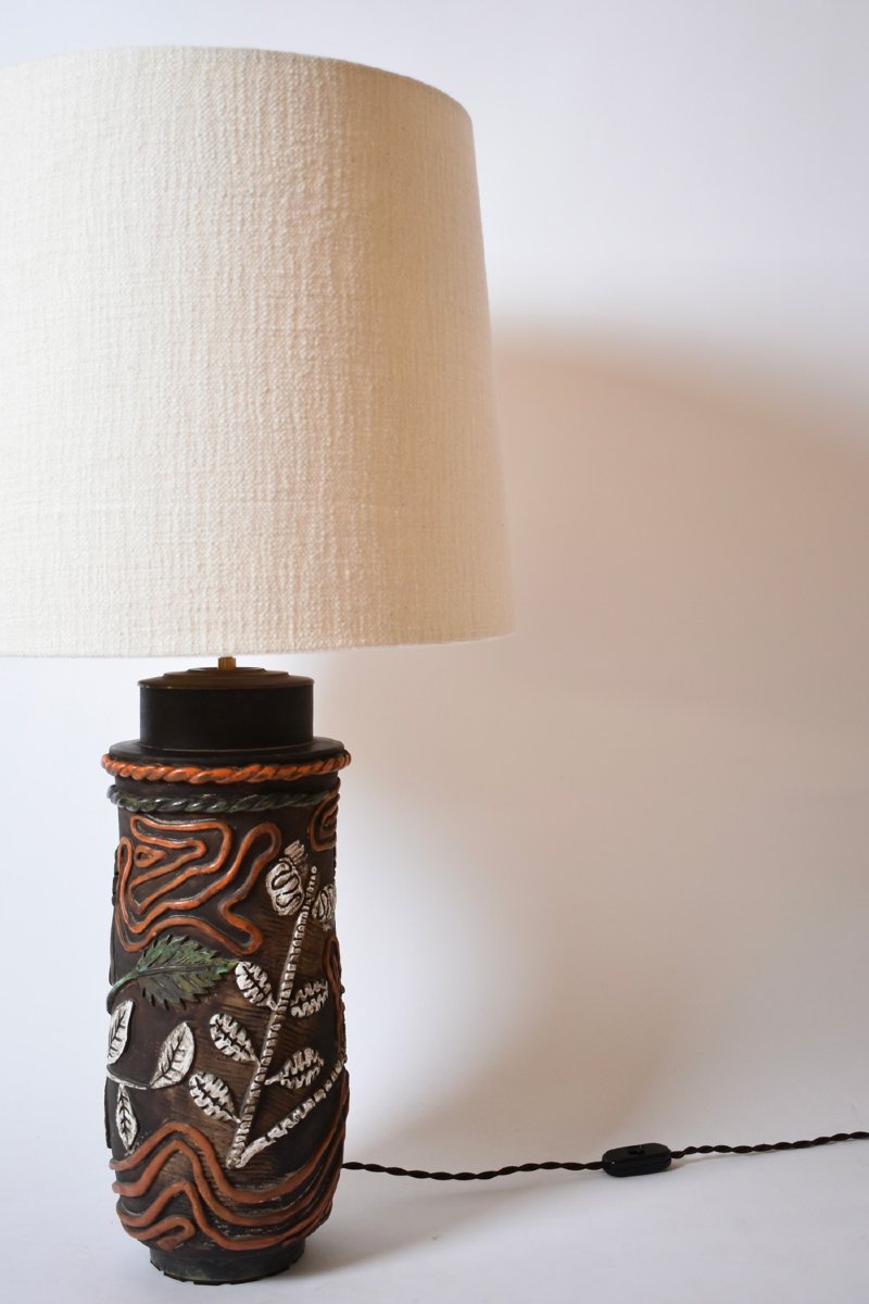 Cylindrical Foliage Pattern Ceramic Lamp, 1960s.-photo-4