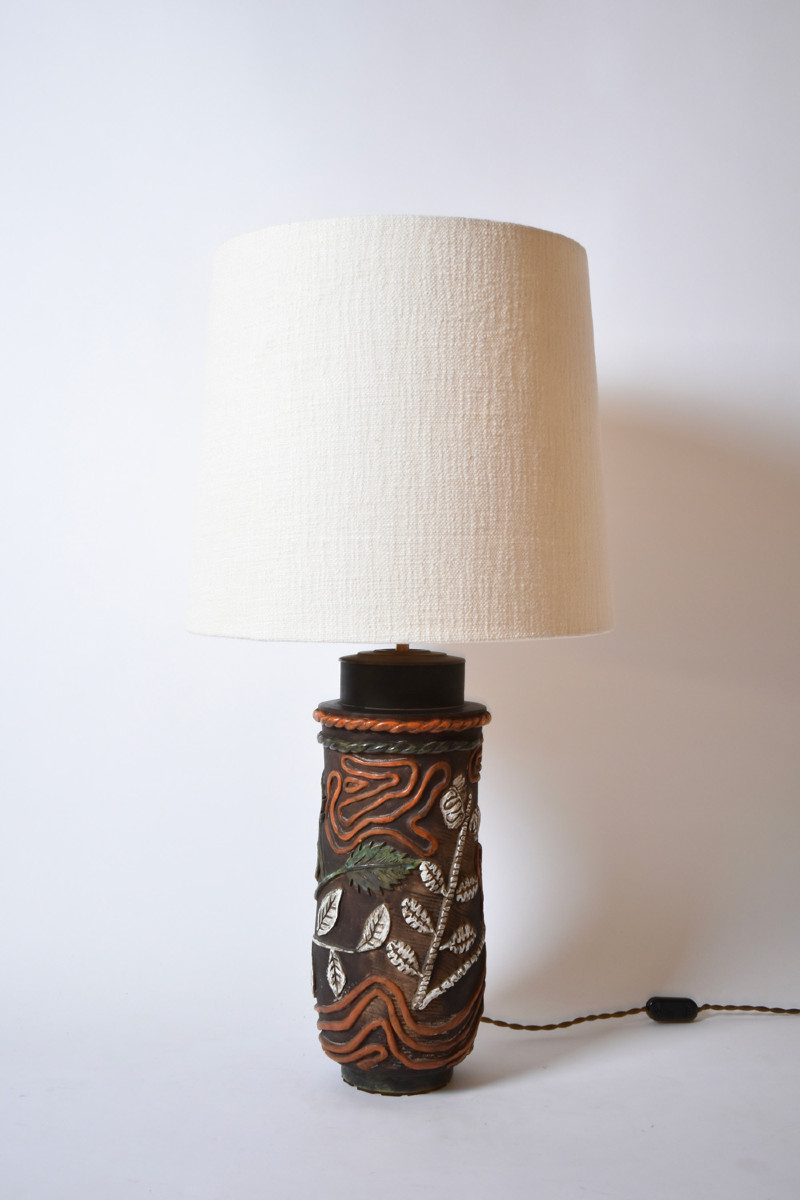 Cylindrical Foliage Pattern Ceramic Lamp, 1960s.