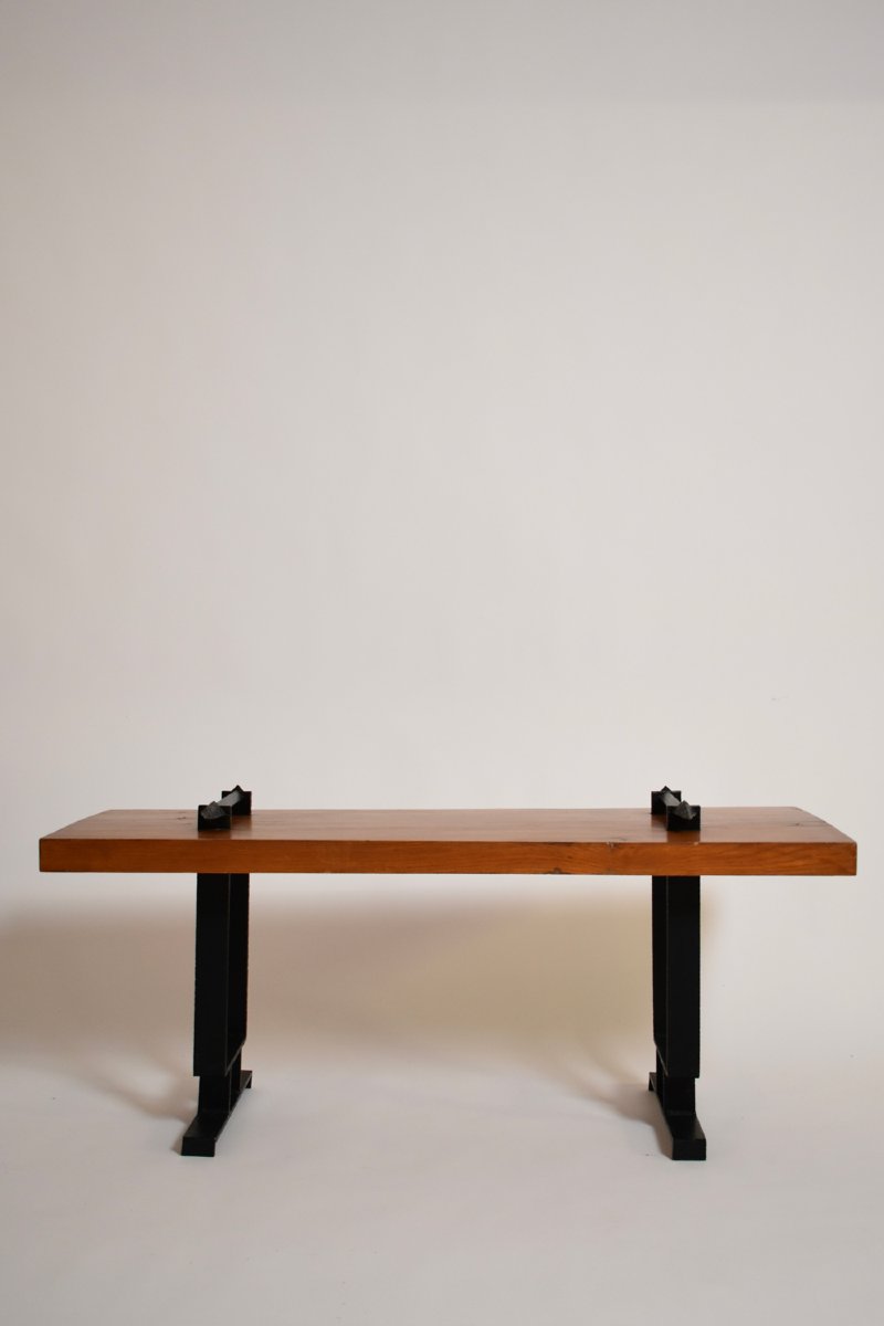 Table basse ou banc en fer forgé et bois naturel, années 1950.-photo-4