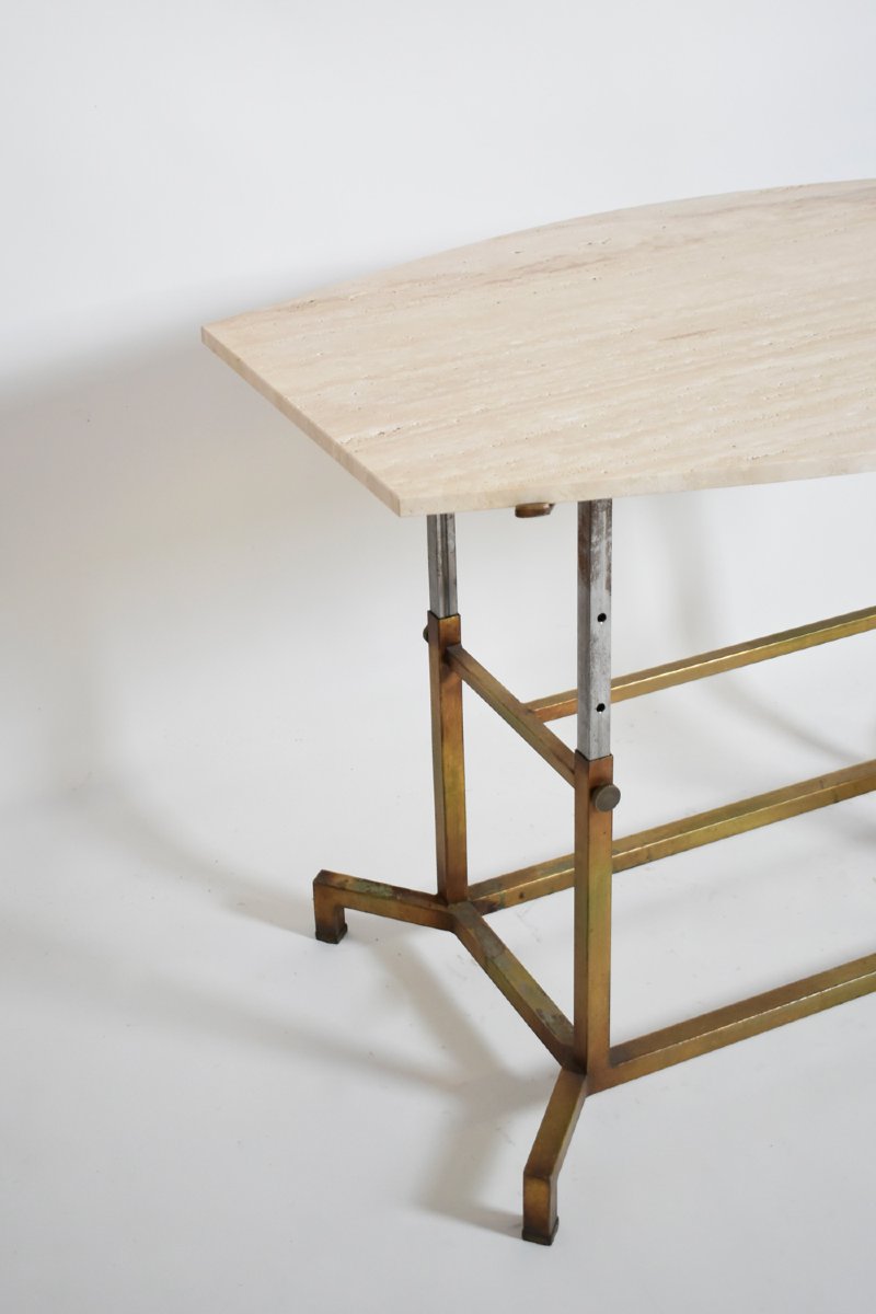 Table en fer doré, en fer et en travertin, années 1970-photo-2