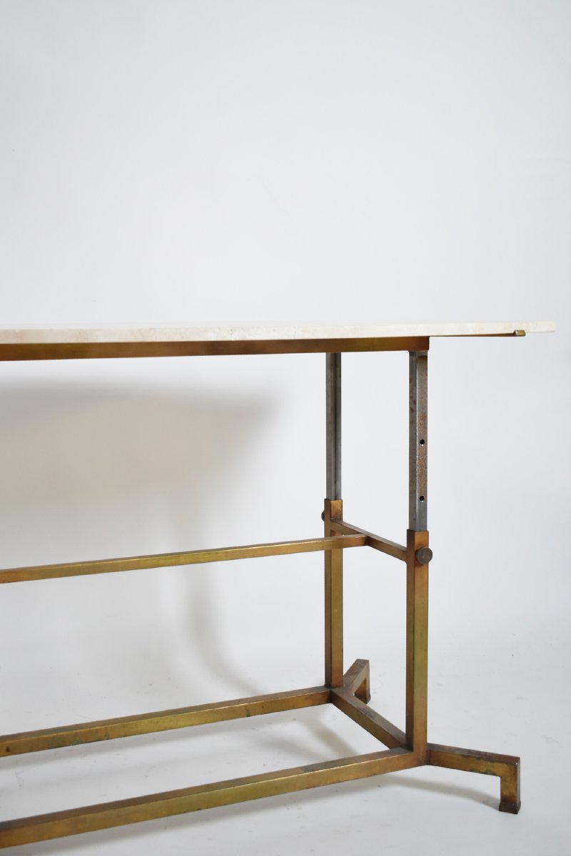 Table en fer doré, en fer et en travertin, années 1970-photo-3