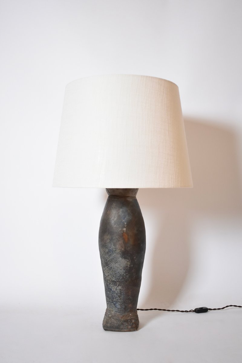 Grande lampe oblongue en grès La Borne, années 1970.-photo-4