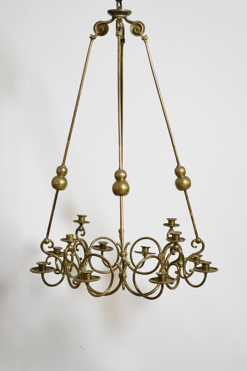 Lustre de plafond en bronze et laiton à 12 bougies, XIXᵉ siècle-photo-3