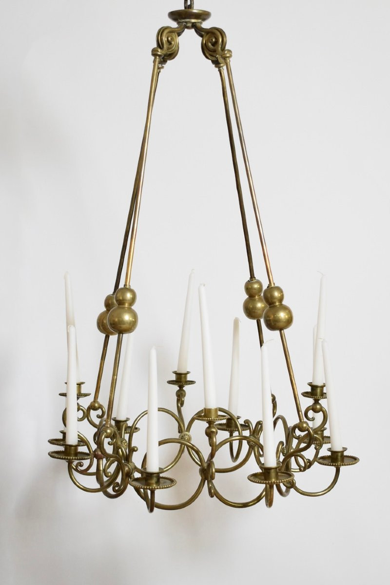 Lustre de plafond en bronze et laiton à 12 bougies, XIXᵉ siècle-photo-4