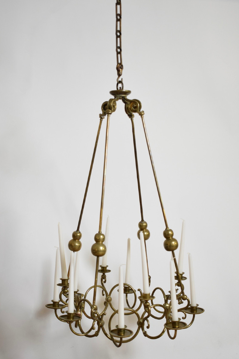 Lustre de plafond en bronze et laiton à 12 bougies, XIXᵉ siècle