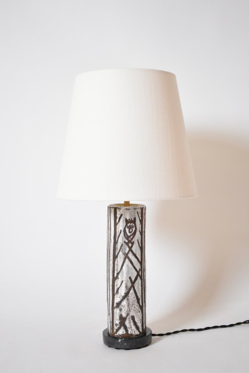 Glazed Ceramic Cylinder Lamp With An Incised Pattern, 1950s.-photo-4