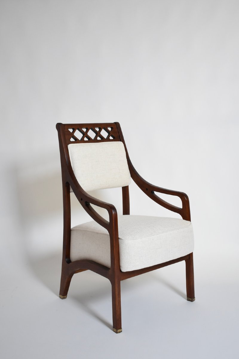 Paire de fauteuils à dossier haut avec traverses, années 1960.-photo-4