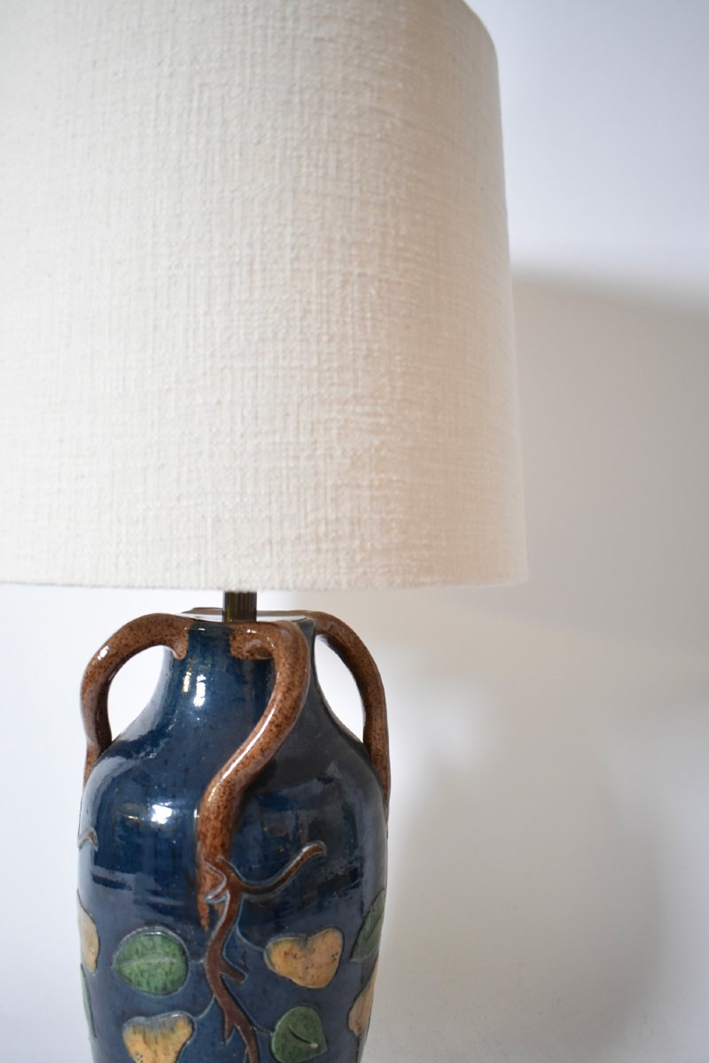 Blue Ceramic Lamp With Leaves And Pears Pattern, 1920s-photo-2