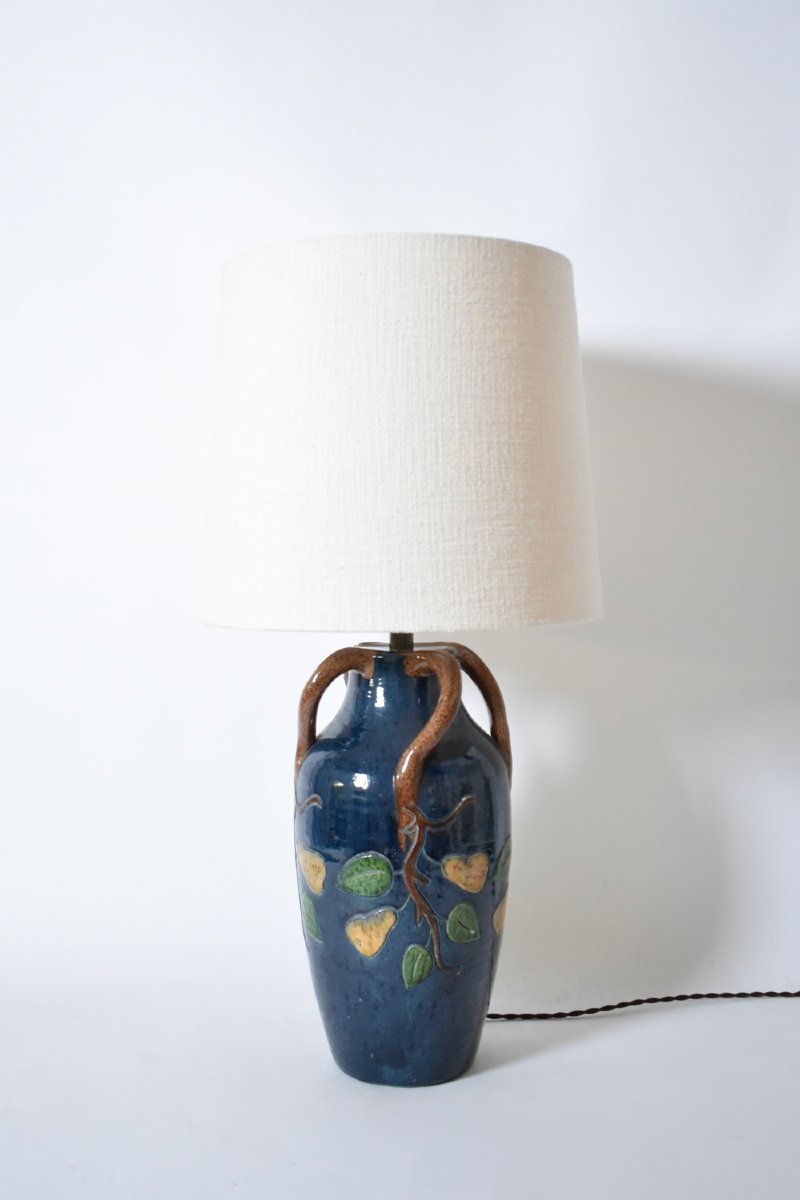 Blue Ceramic Lamp With Leaves And Pears Pattern, 1920s-photo-4