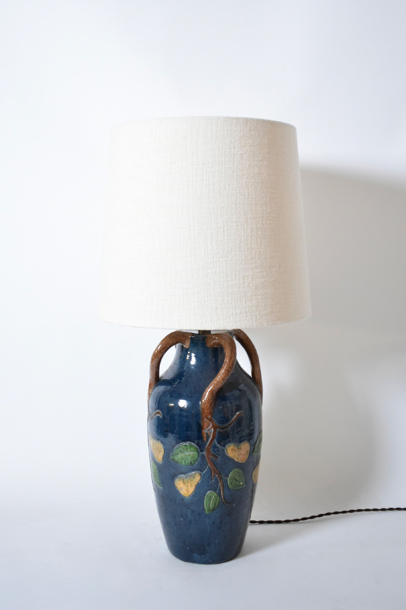 Blue Ceramic Lamp With Leaves And Pears Pattern, 1920s