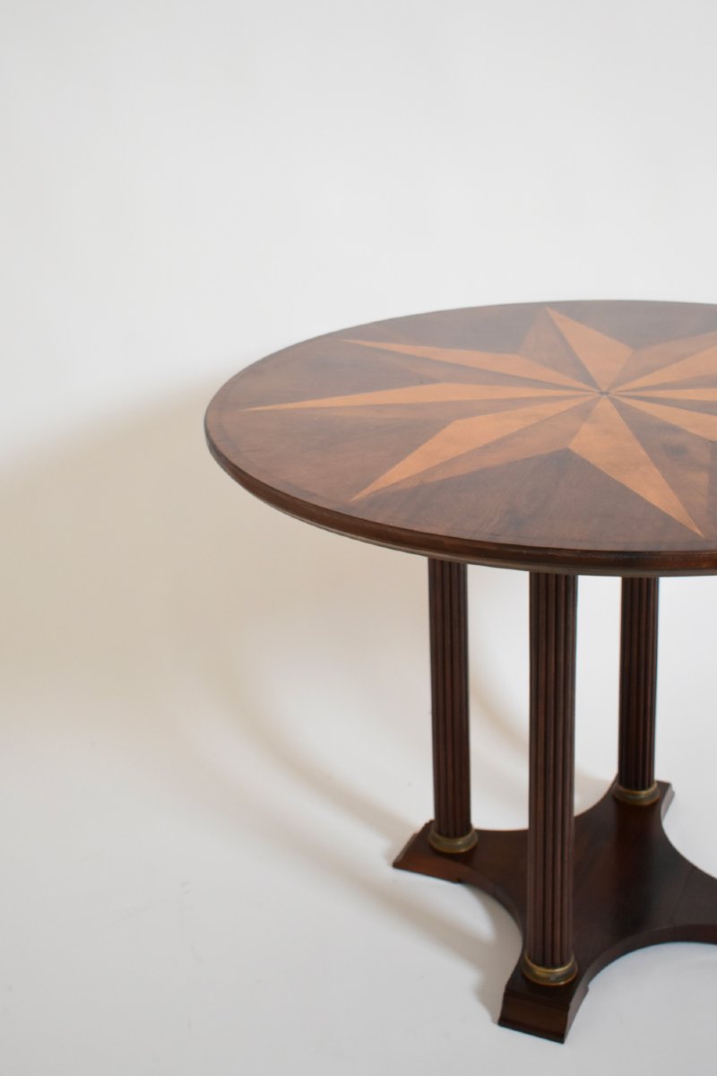 Neoclassical Star Marquetry Pedestal Table, 1960s.-photo-2