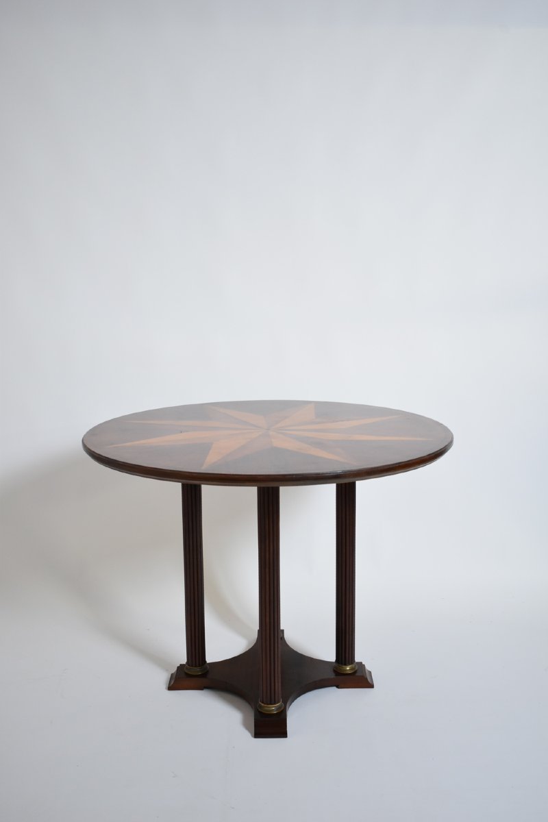 Neoclassical Star Marquetry Pedestal Table, 1960s.-photo-3