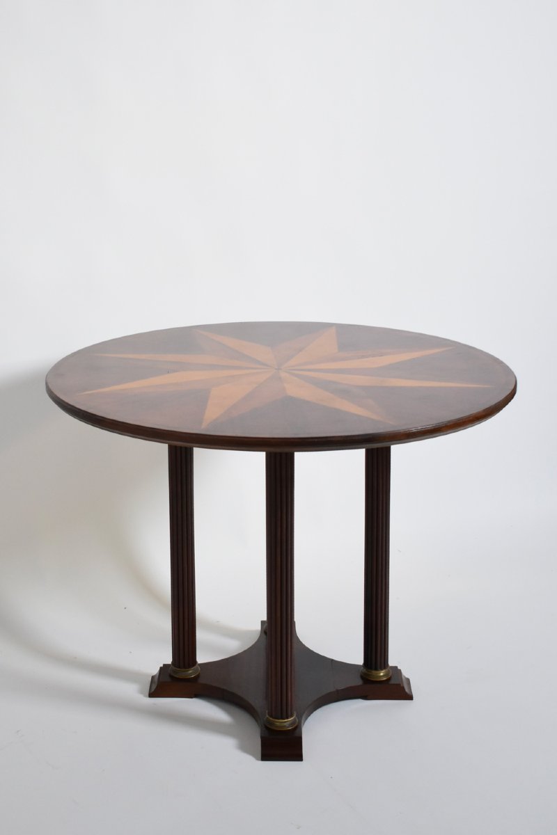 Neoclassical Star Marquetry Pedestal Table, 1960s.-photo-4