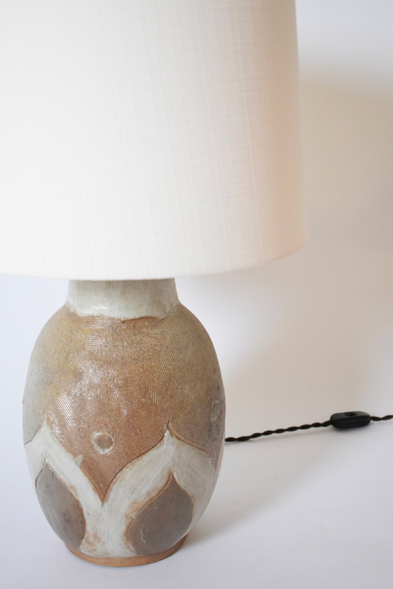 Beige And White Geometric Pattern Ceramic Lamp, 1960s-photo-3