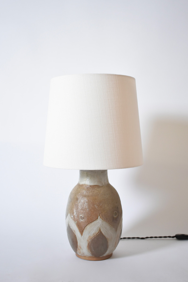 Beige And White Geometric Pattern Ceramic Lamp, 1960s