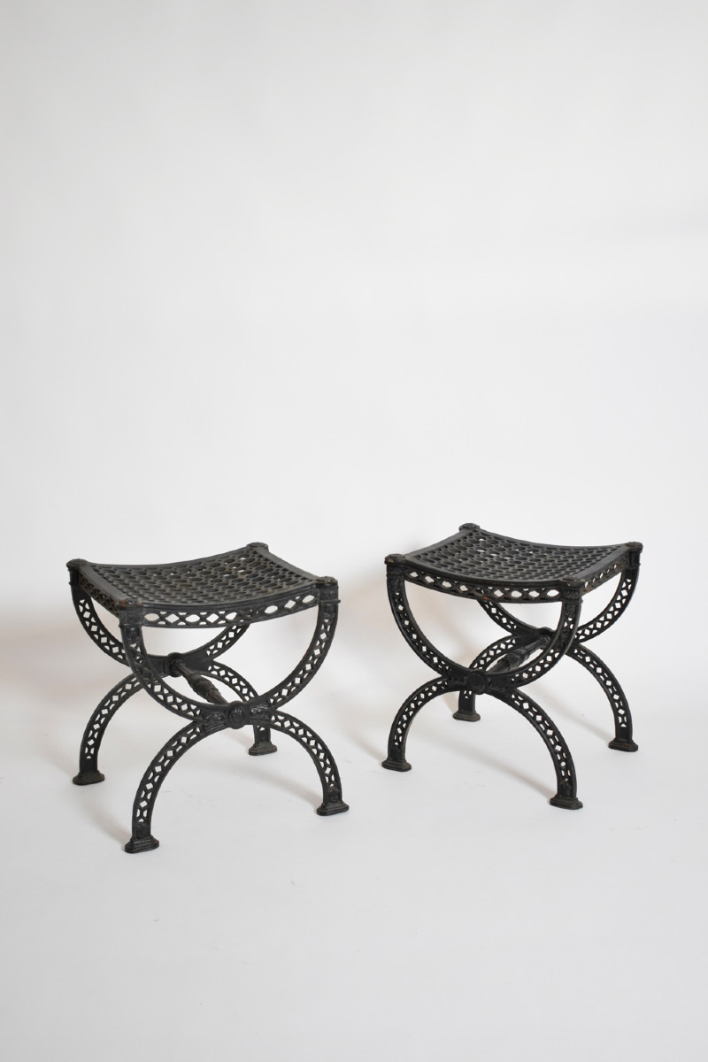 Pair Of Cast Iron Curule Stools, 1970s