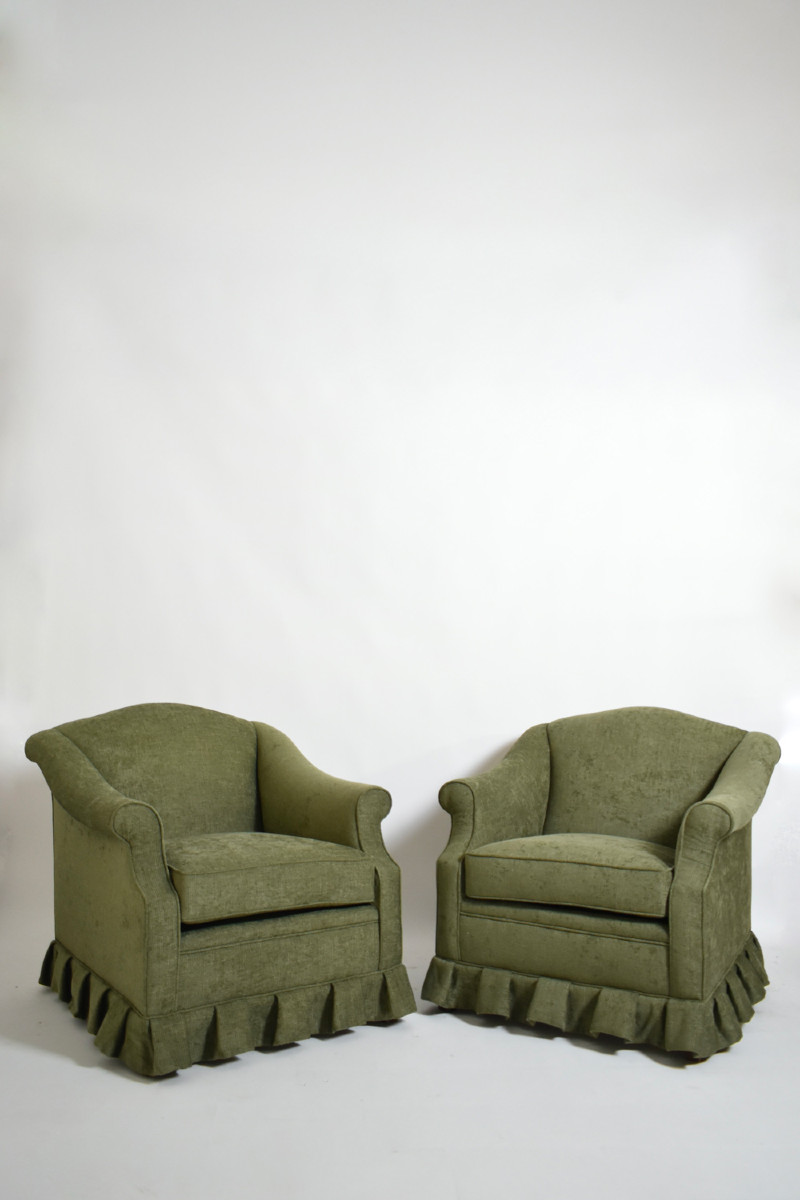 Pair Of Green Fabric Fringe Armchairs, 1940s