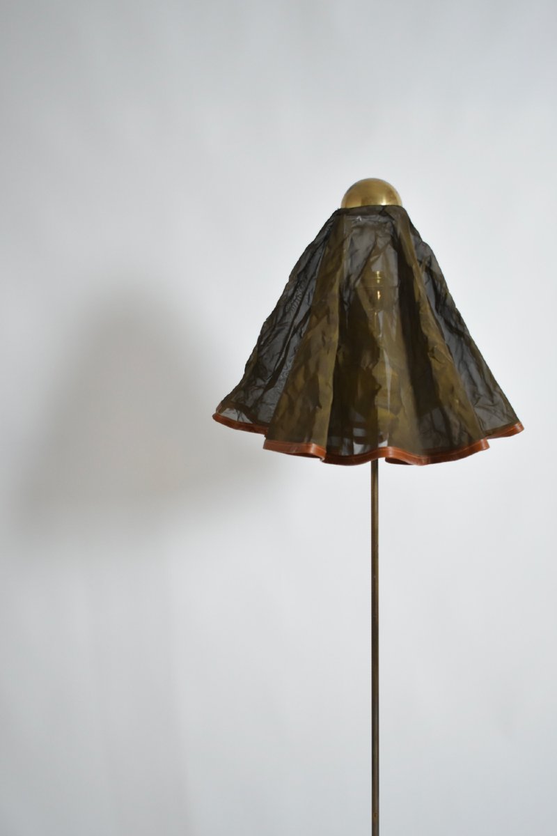 Brass, Brass Fabric And Leather Floor Lamp, 1960s.-photo-3