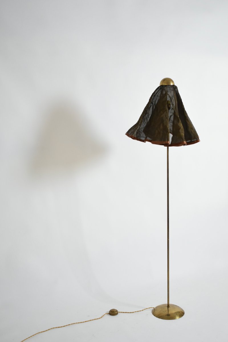 Brass, Brass Fabric And Leather Floor Lamp, 1960s.-photo-4