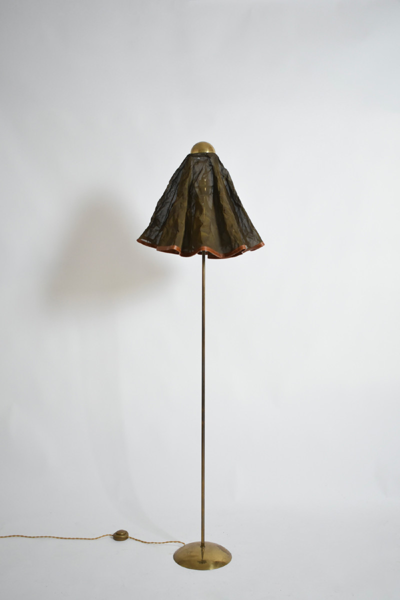 Brass, Brass Fabric And Leather Floor Lamp, 1960s.