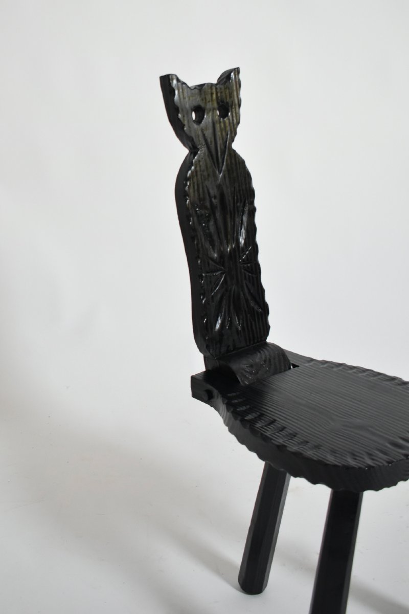 Paire de fauteuils chouette en bois ébonisé brutaliste, années 1960.-photo-1