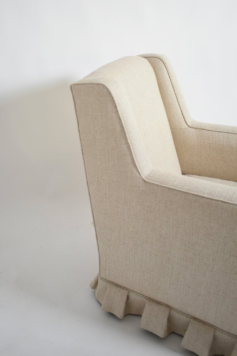 Paire de fauteuils à franges blanc cassé, années 1940.-photo-1