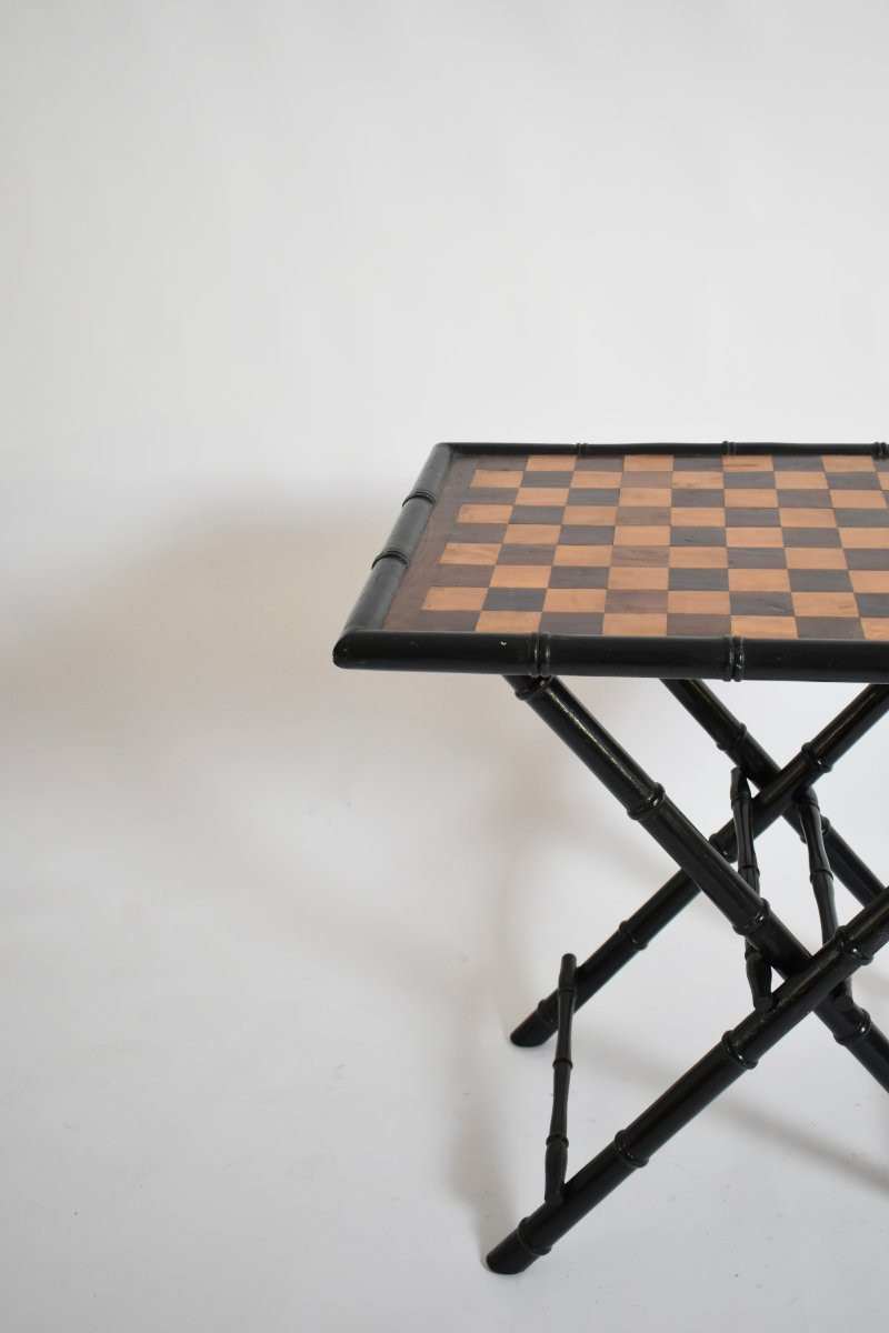 Table pliante en bois ébonisé faux bambou, années 1960.-photo-1
