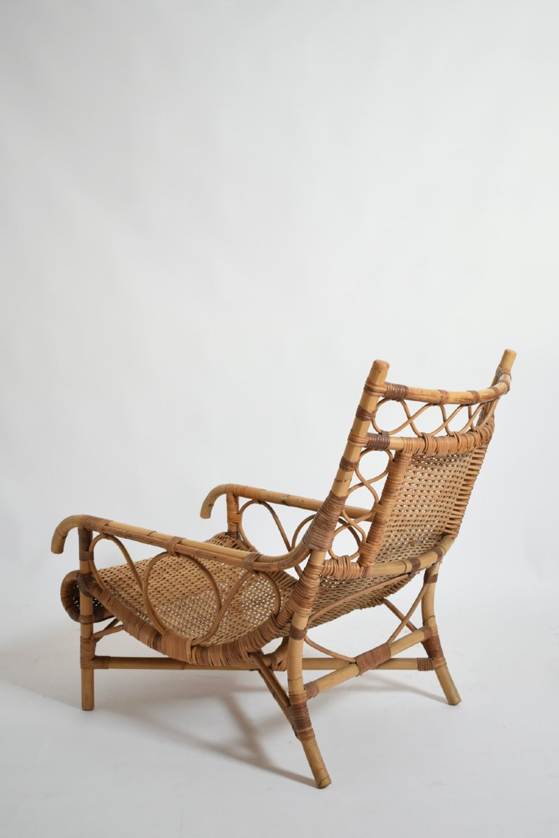 Fauteuil bas en rotin, années 1950-photo-2