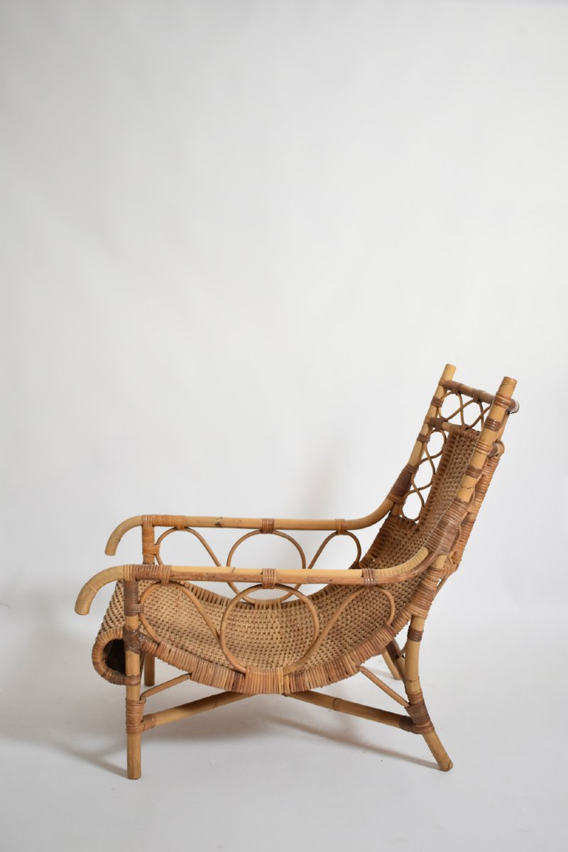 Fauteuil bas en rotin, années 1950-photo-3