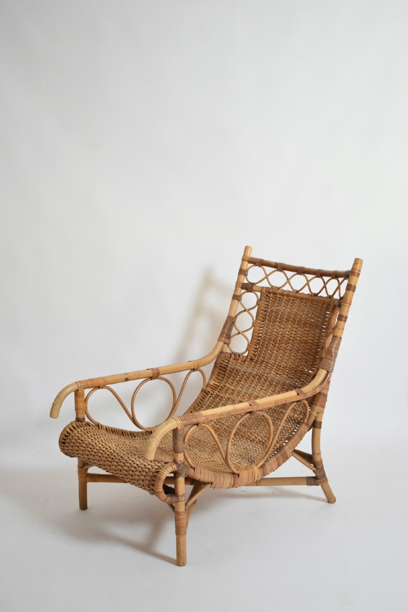 Fauteuil bas en rotin, années 1950-photo-4