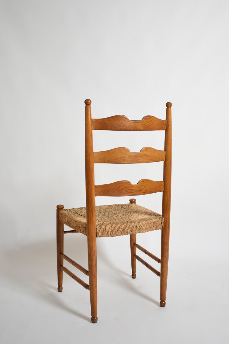 Ensemble de quatre chaises en bois et paille, années 1940.-photo-2