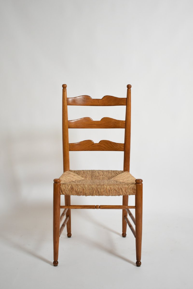 Ensemble de quatre chaises en bois et paille, années 1940.-photo-3