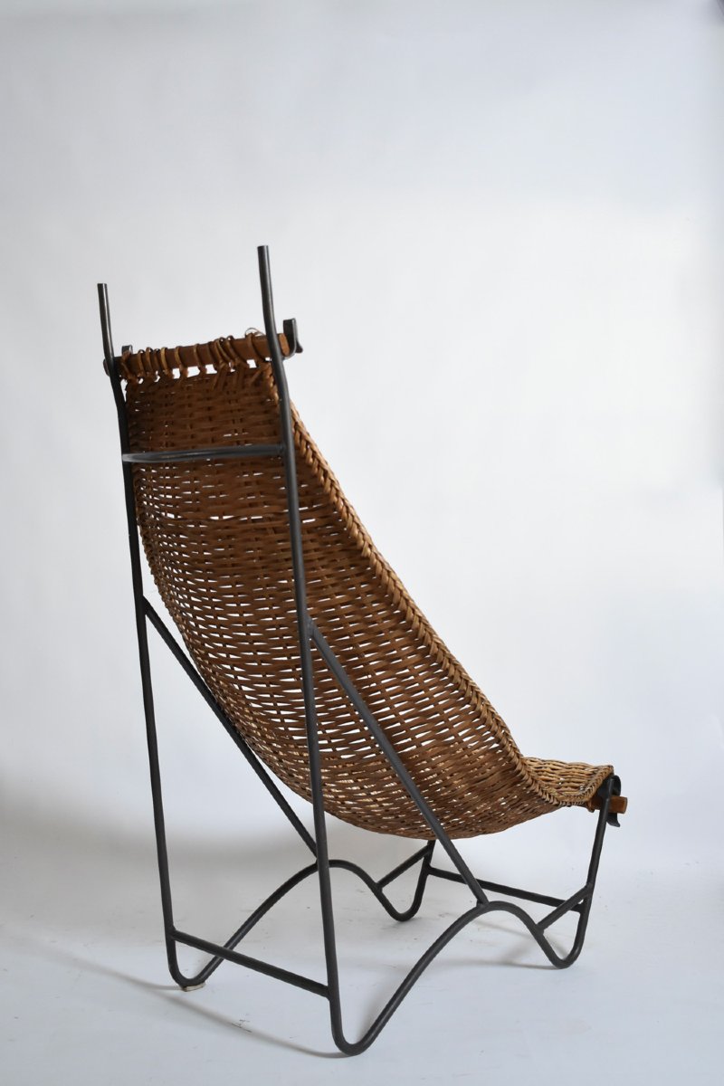 Fauteuil en fer forgé et rotin, années 1950.-photo-1