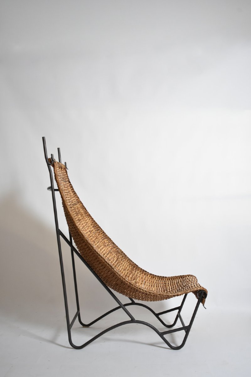 Fauteuil en fer forgé et rotin, années 1950.-photo-2