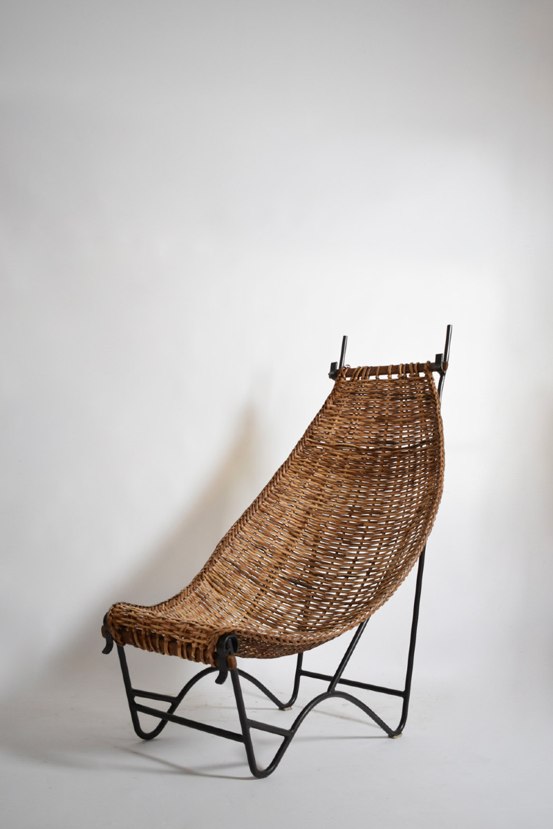 Fauteuil en fer forgé et rotin, années 1950.