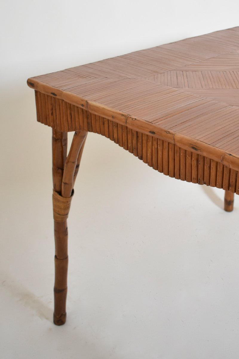 Table de jeu carrée en rotin, années 1950-photo-1