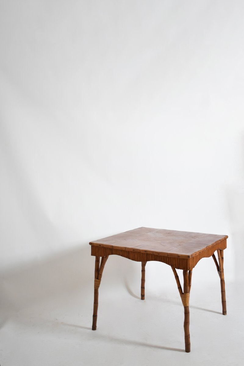 Table de jeu carrée en rotin, années 1950-photo-2