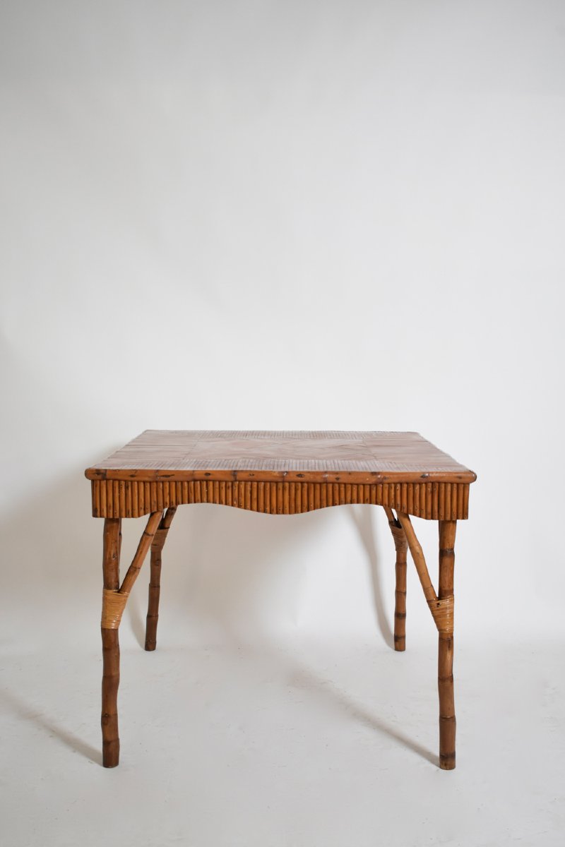 Table de jeu carrée en rotin, années 1950-photo-3