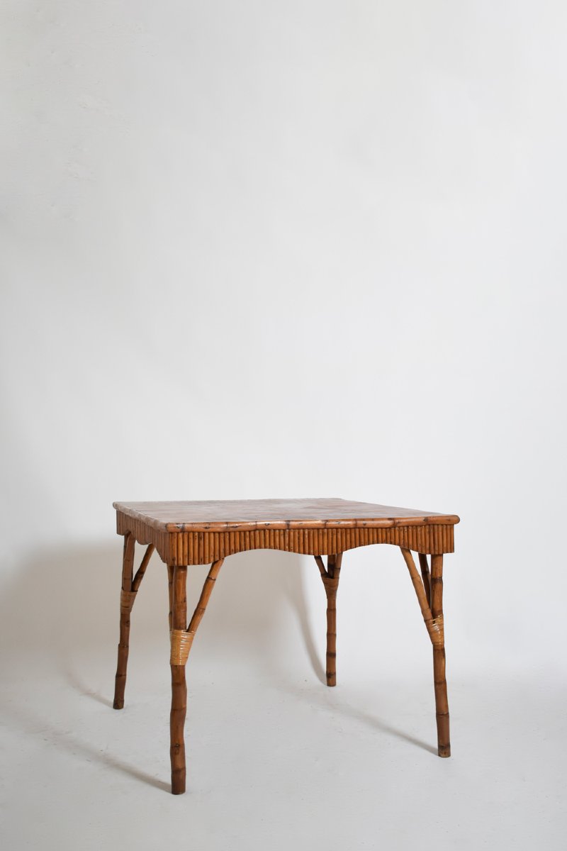 Table de jeu carrée en rotin, années 1950-photo-4