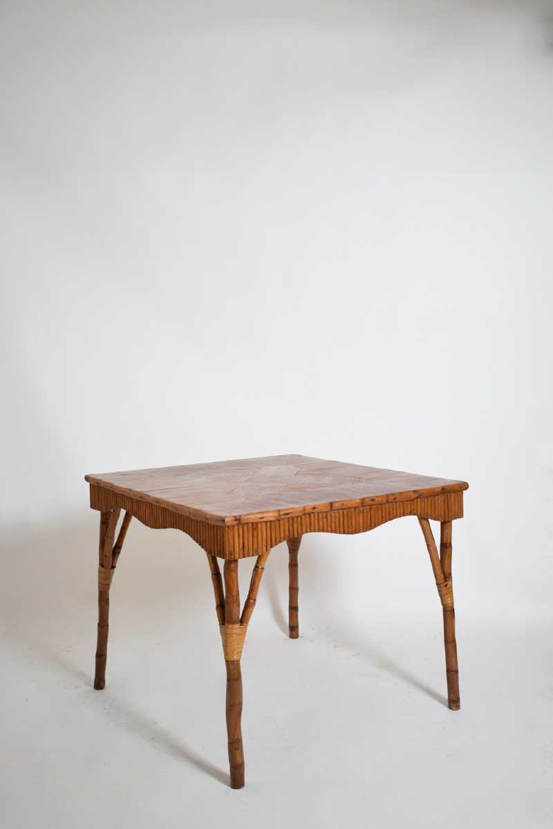Table de jeu carrée en rotin, années 1950