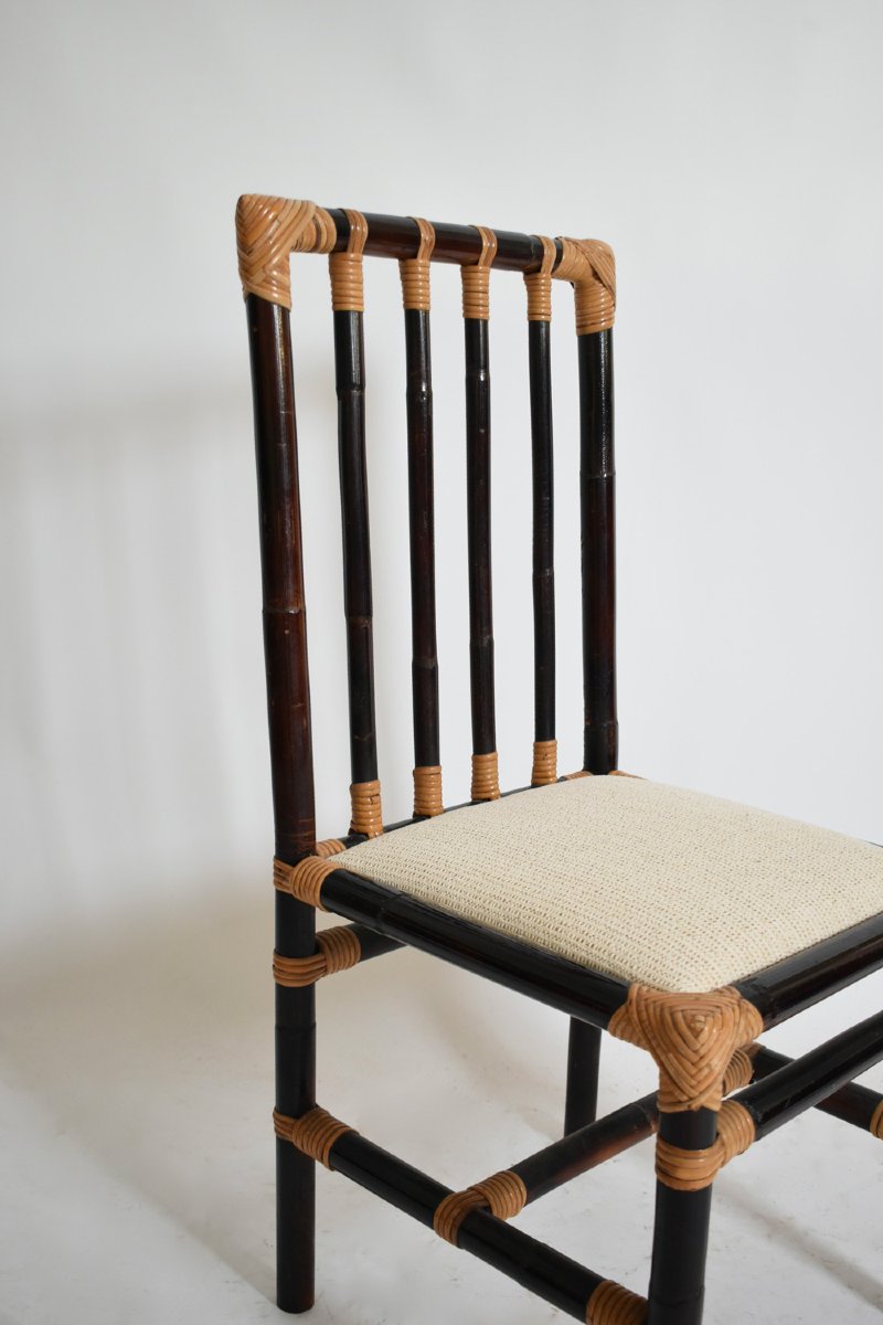 Ensemble de quatre chaises en rotin bicolore, années 1970-photo-1