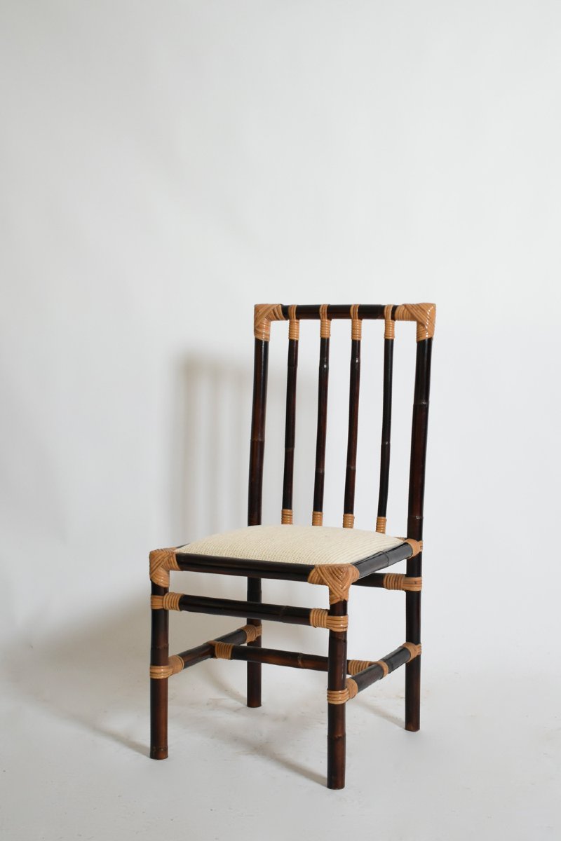 Ensemble de quatre chaises en rotin bicolore, années 1970-photo-3
