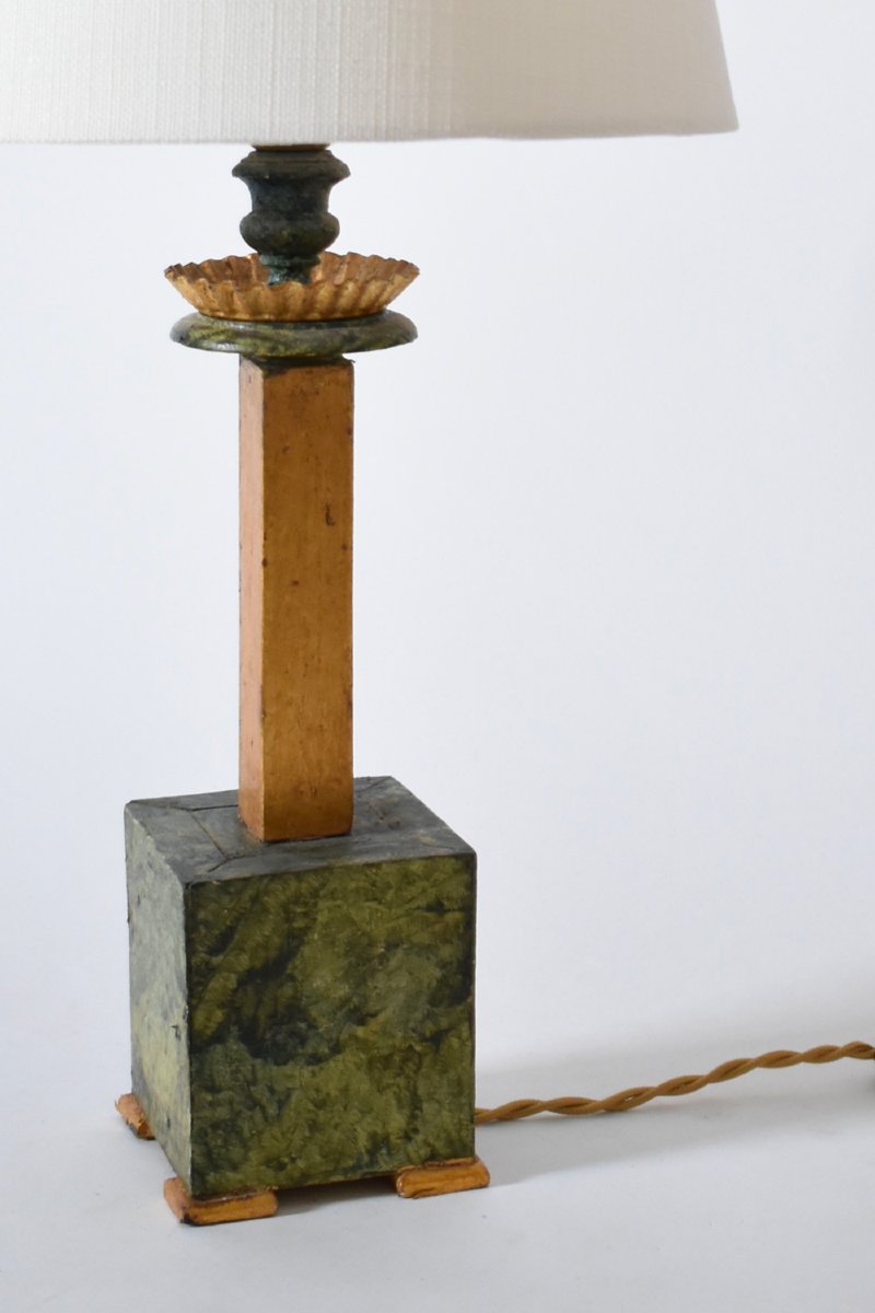Paire de lampes en bois trompe-l'œil marbre, années 1940.-photo-1