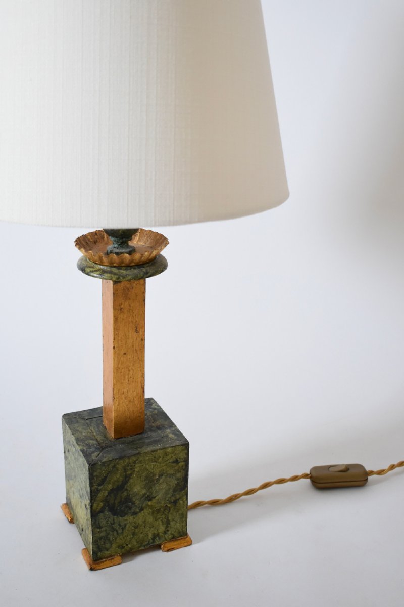 Paire de lampes en bois trompe-l'œil marbre, années 1940.-photo-2