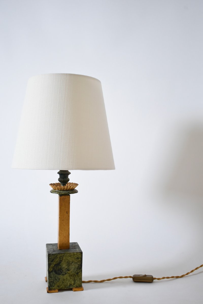 Paire de lampes en bois trompe-l'œil marbre, années 1940.-photo-3