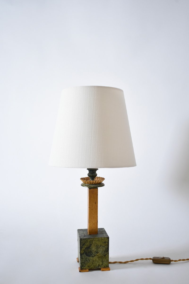 Paire de lampes en bois trompe-l'œil marbre, années 1940.-photo-4