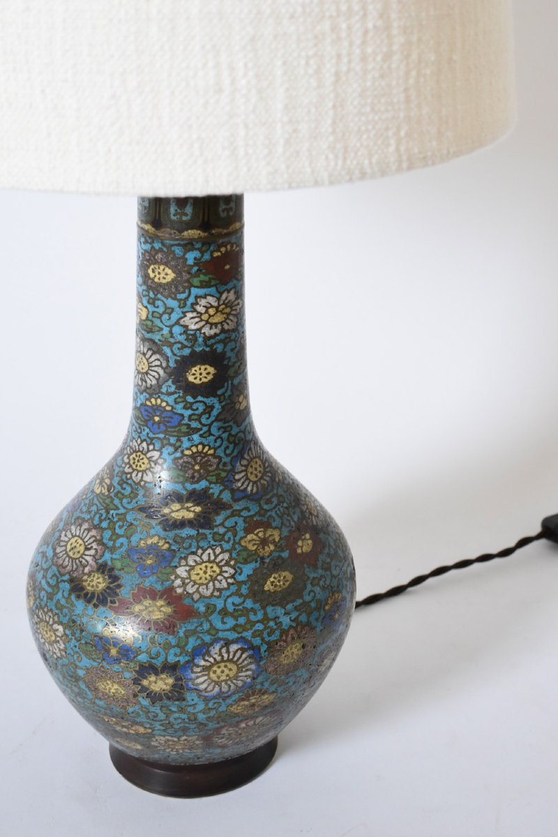 Paire de lampes en bronze cloisonné bleu, XIXe siècle.-photo-1